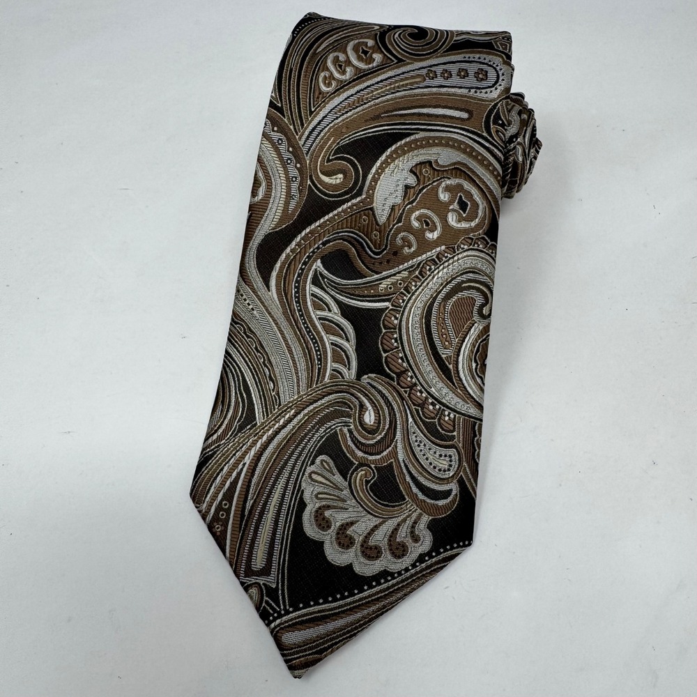 Stacy Adams Signature Gold Mens Paisley Silk Blend Tie Brown Tan Woven Design